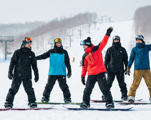 早餐時光→集合前往雪場試裝→分組上課 (五小時課程)→外出用餐